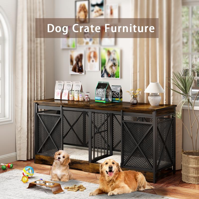 COZPAW 78" Double Dog Crate Furniture for 2 Dogs,Extra Large Furniture Style Dog Kennel,Heavy Duty Wooden XL Dog Cage with Removable Divider,Pet Cage TV Stand & Side Table (White Brown)
