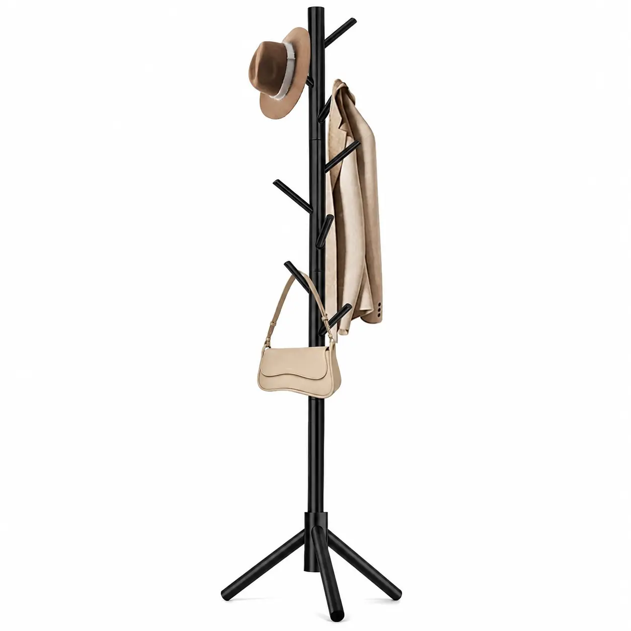 Wooden Coat Rack with 8 Hooks, Freestanding Adjustable Coat Tree, 3 Height Options for Entryway, Bedroom, Hallway, Office, Hats, Coats, Bags