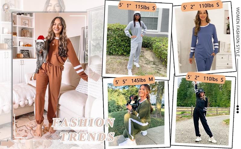 Women 2 Piece Outfits Sweat Long Sleeve Round Neck Pullover Top Pocket Drawstring Pants Set, 2024 Comfor Daily Basic Travel Outdoor Tracksuit