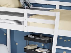 VINGLI 47'' Tall Junior Low Loft Bed with Stairs, White Wood Loft Bed Twin Size for Adults, Kids and Young Teens, No Box Spring Required,Wood Slat Support