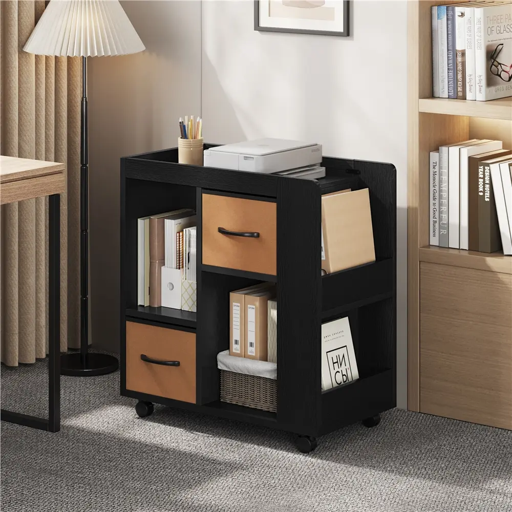 Yaheetech Rolling Bookcase - Portable Foldable Table Book Holder with Removable Fabric Drawers, Magazine Racks, Wheels for Living Room, Home Office, Removable Drawers