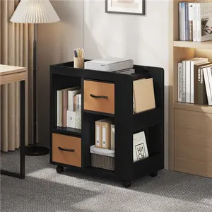 Yaheetech Rolling Book Shelf with Storage, Foldable Fabric Drawers & Magazine Racks, Multi-Storage Wooden Side Table Bookcase with Wheels for Living Room & Home Office