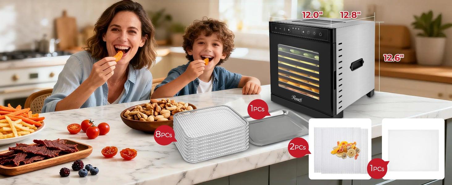 Rosewill Food Dehydrator Machine, 8 Stackable Trays with Adjustable 48H Timer and Temperature Control Up to 195F - Electric Food Preserver for Fruits, Veggies, Meats & Dog Treats