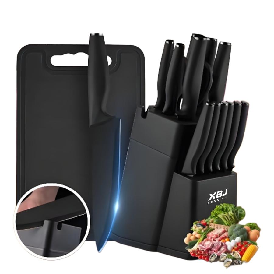 XBJ Premium 15-Piece Stainless Steel Kitchen Knife Set with Built-in Sharpener | Includes Chef Knife, Japanese Knife, Meat Cleaver, Bread Knife, Steak Knives & Scissors | Washable, Plastic Handles | Perfect Gift Set Utensils Block Black Cutting