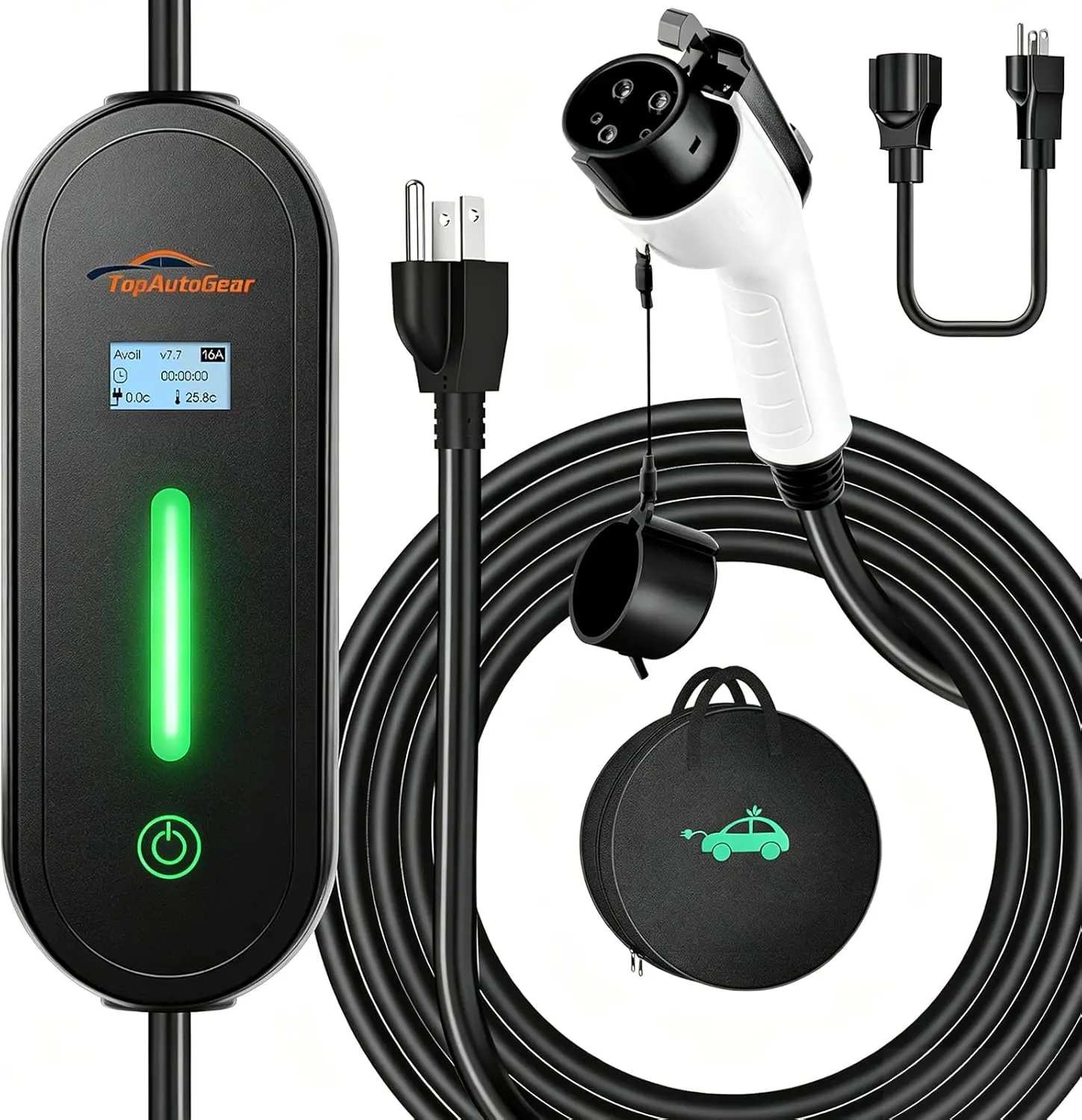TopAutoGear Portable EV Charger (Level 1&2, 16A) for J1772 Vehicles, 110V/240V, NEMA 6-20 Plug & 5-15 Adaptor, 8-16A Adjustable Current (12A Included), 17Ft Cable, Intelligent Charge, Home & Work Use Portable Unit