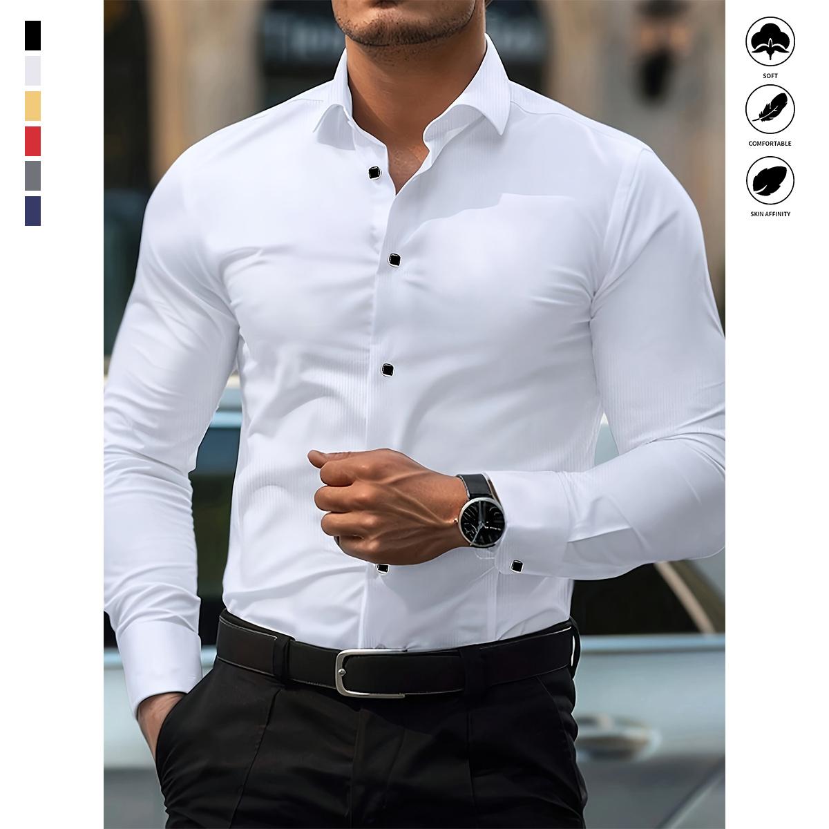 Men’s fashion long-sleeve shirt with a solid color pattern design — slim fit, lightweight fabric, suitable for casual or formal occasions; multifunctional top | elegant appearance | soft touch