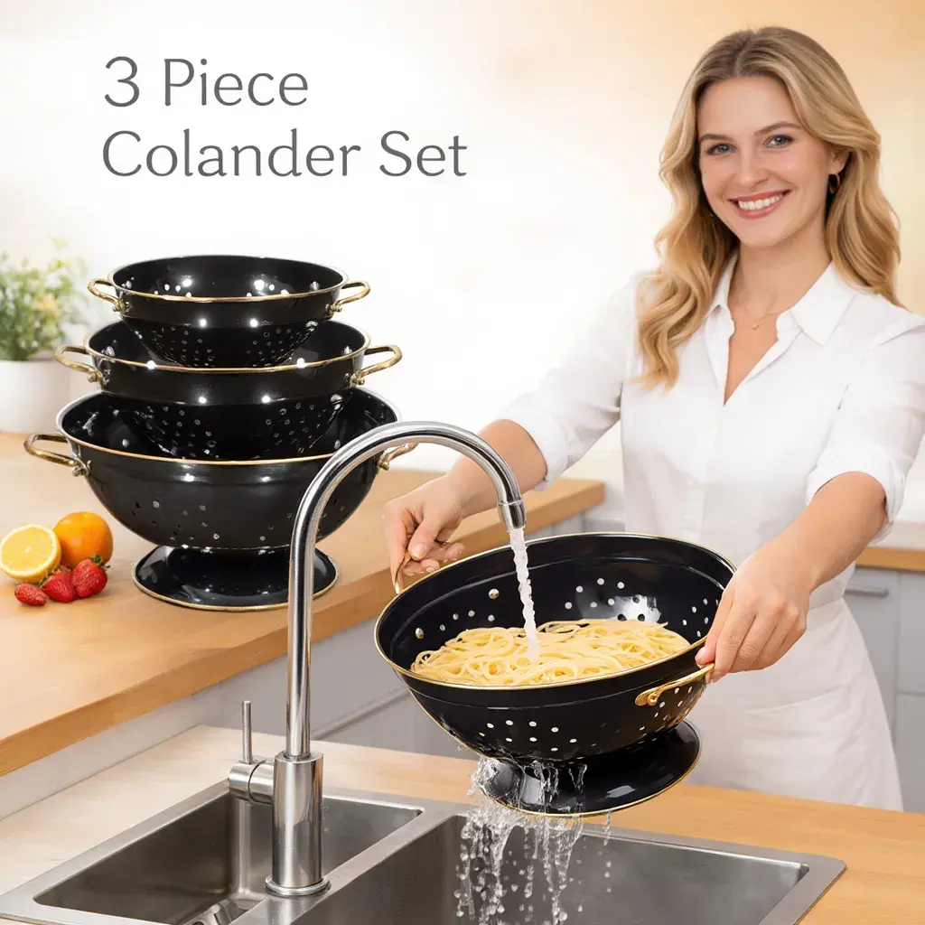 Kitchen Essential Metal Strainer Set Solid Base Powder Coated Metal Colander Set of 3 with Handles for Spaghetti Pasta Berry Vegetable Fruit Filtration Basket Holes
