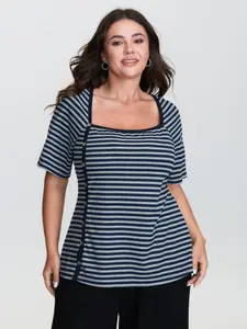 【Summer Turn-Up】BLOOMCHIC Plus Size Striped Color Contrast Slit T-Shirt [M-6X] 2026 Summer Vibes Swimweek
