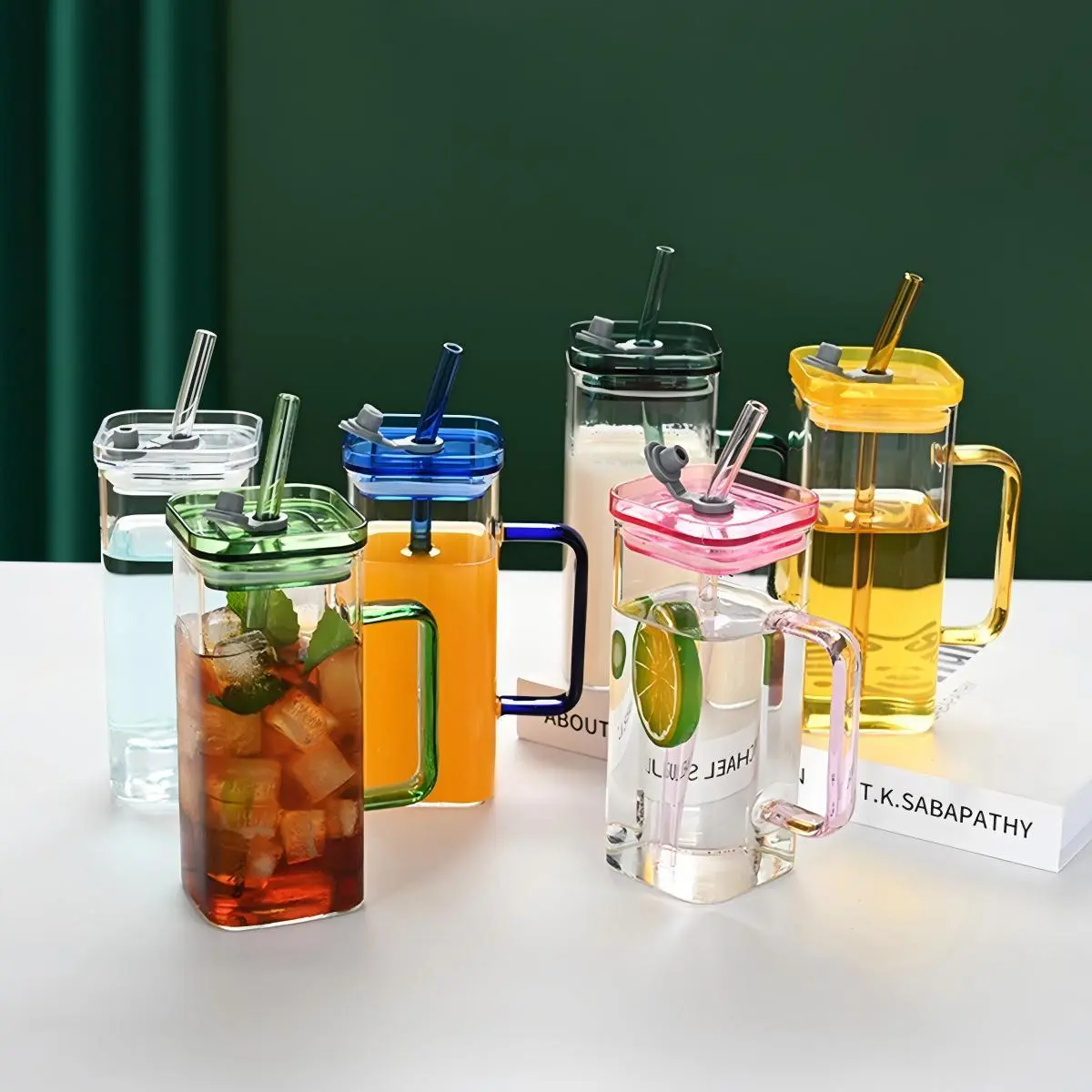 14 oz Colorful Glass Tumblers with Straws & Cocktail Lids - Portable Square Glassware, Shape Slips in Bags, Profile Fits Modern Shelves, Colorful Glass for Style, for Sip Water, Smoothies, Milk, Drinks (Home & Festive Party Supplies), Portable Square Shap