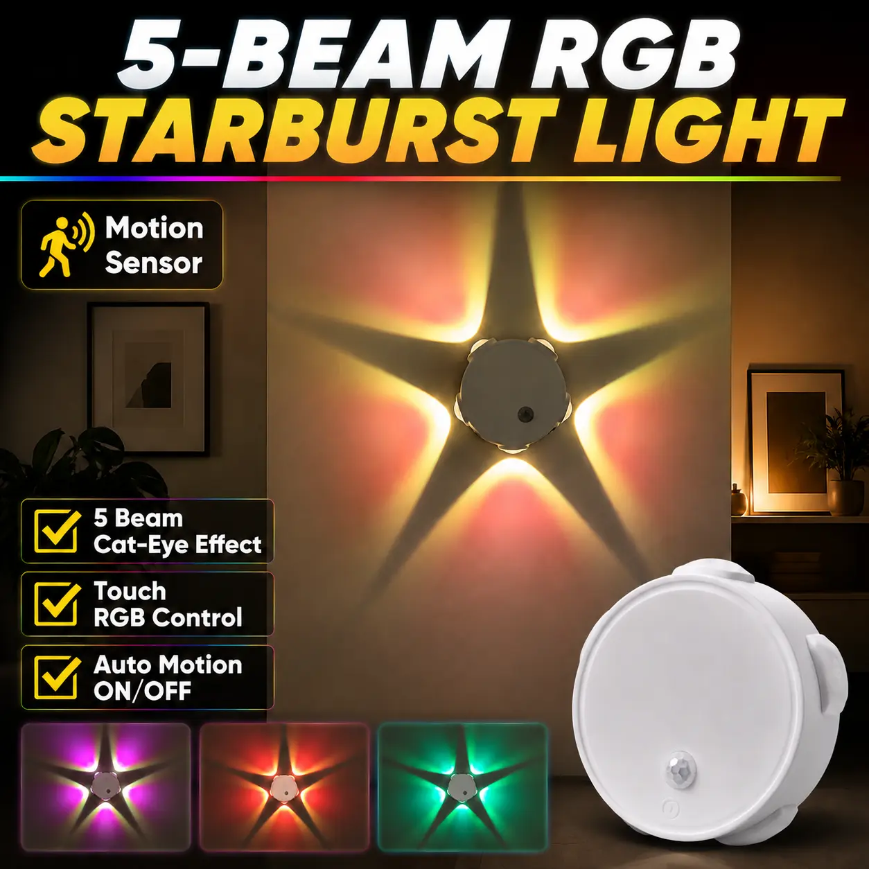 5-Beam RGB Starburst Wall Light - Gaming Accessories with Motion Sensor, Cat-Eye LED Effect, Touch Dimming, Magnetic Wireless Installation, Secondary (Rechargeable) Colorful Lights, Star Pattern Ambient Decor for Gaming Room, Bedroom, Rgb Lights