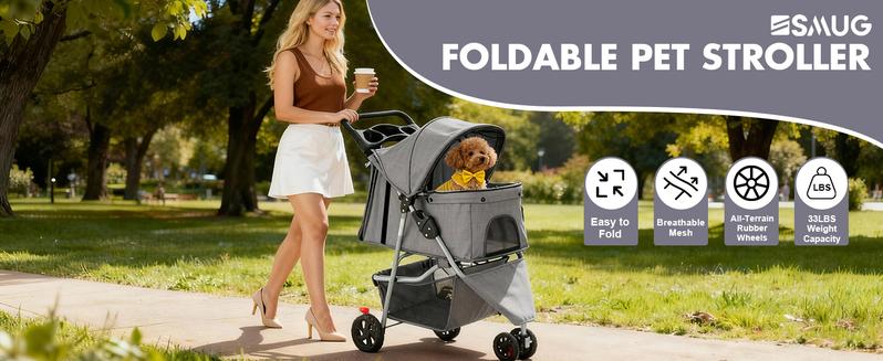 3 Wheels Pet Stroller Dog Jogging with Breathable Mesh Window, Large Storage Basket, Cup Holder, Blue