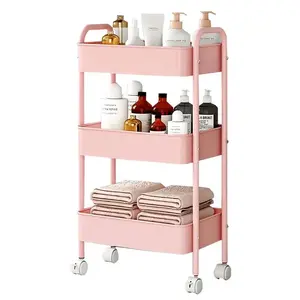 3-Tier Rolling Cart with Multifunctional, Metal Utility Cart with 6 Hooks Storage Cart on Bathroom Kitchen Laundry Room Bedroom Apartments Dormitory Deals For You Days home shelving