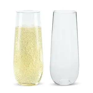 9oz Bulk Case Stemless Champagne Flutes | Plastic Toasting Glasses for Champagne, Sparkling Wine | BPA-Free party drink iced coffee