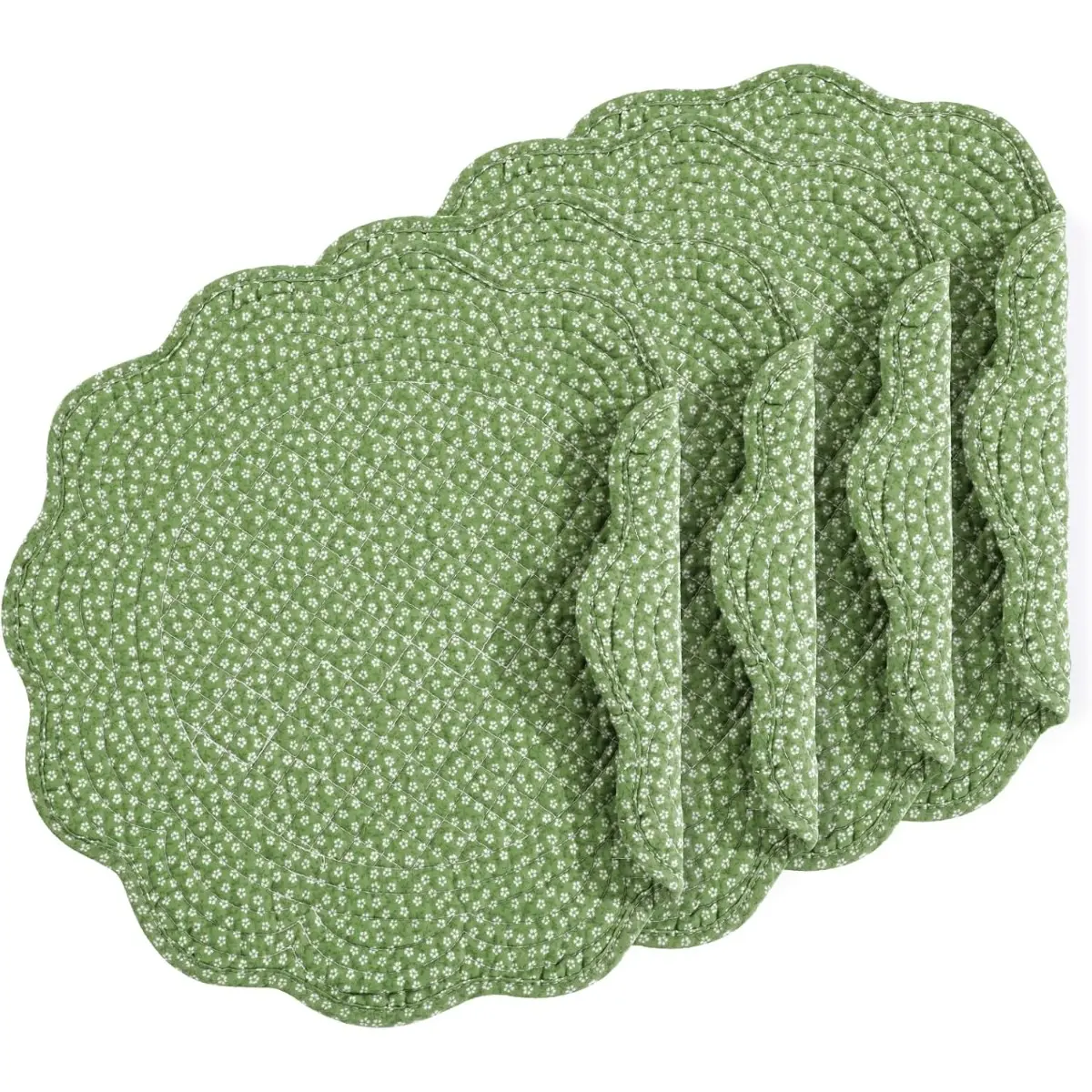 100% Cotton Quilted Scalloped Edge Round Placemats Set of 4 - Classic Green Flowers Pattern, Washable Dining Table Mats for Everyday Family Use Kitchen Tableware