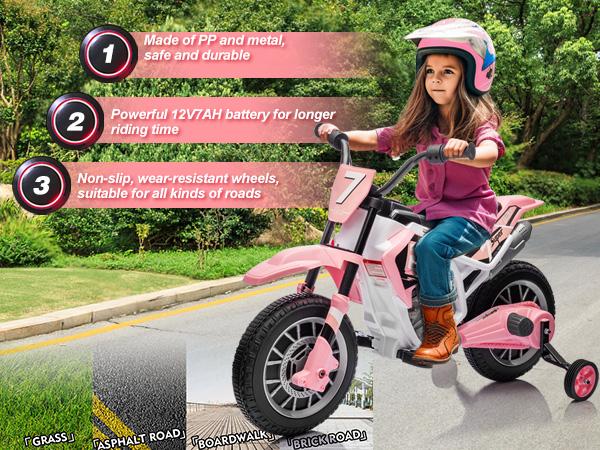 Kids Motorcycle Dirt Bike Off-Road Street Bike with Music Training Wheels Spring Suspension High Low Speeds