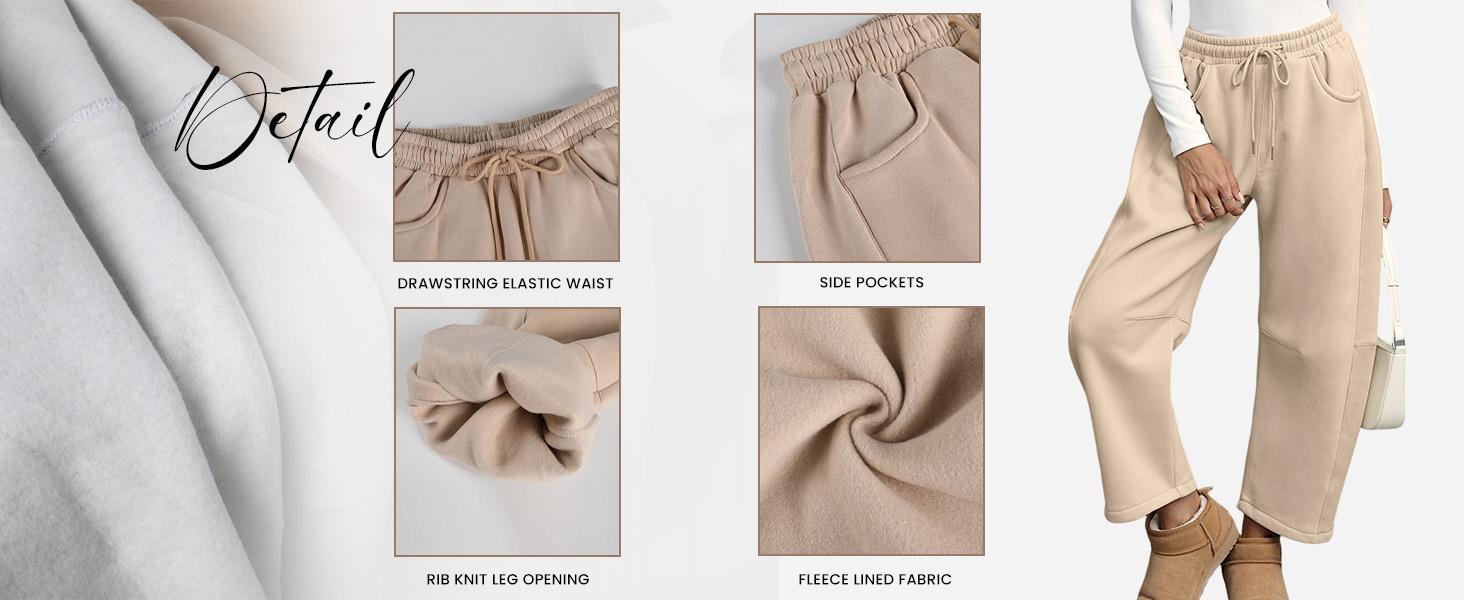 JovenPara Women's Elastic Fleece-Lined Comfy OOTD Bottoms - Casual Activewear Barrel-Leg Drawstring Palazzo Pants with Pockets for Fall Winter, Bottom, Casual Fashion Pants, Activewear With Pockets, Soft Touch Pants, Cotton Blend