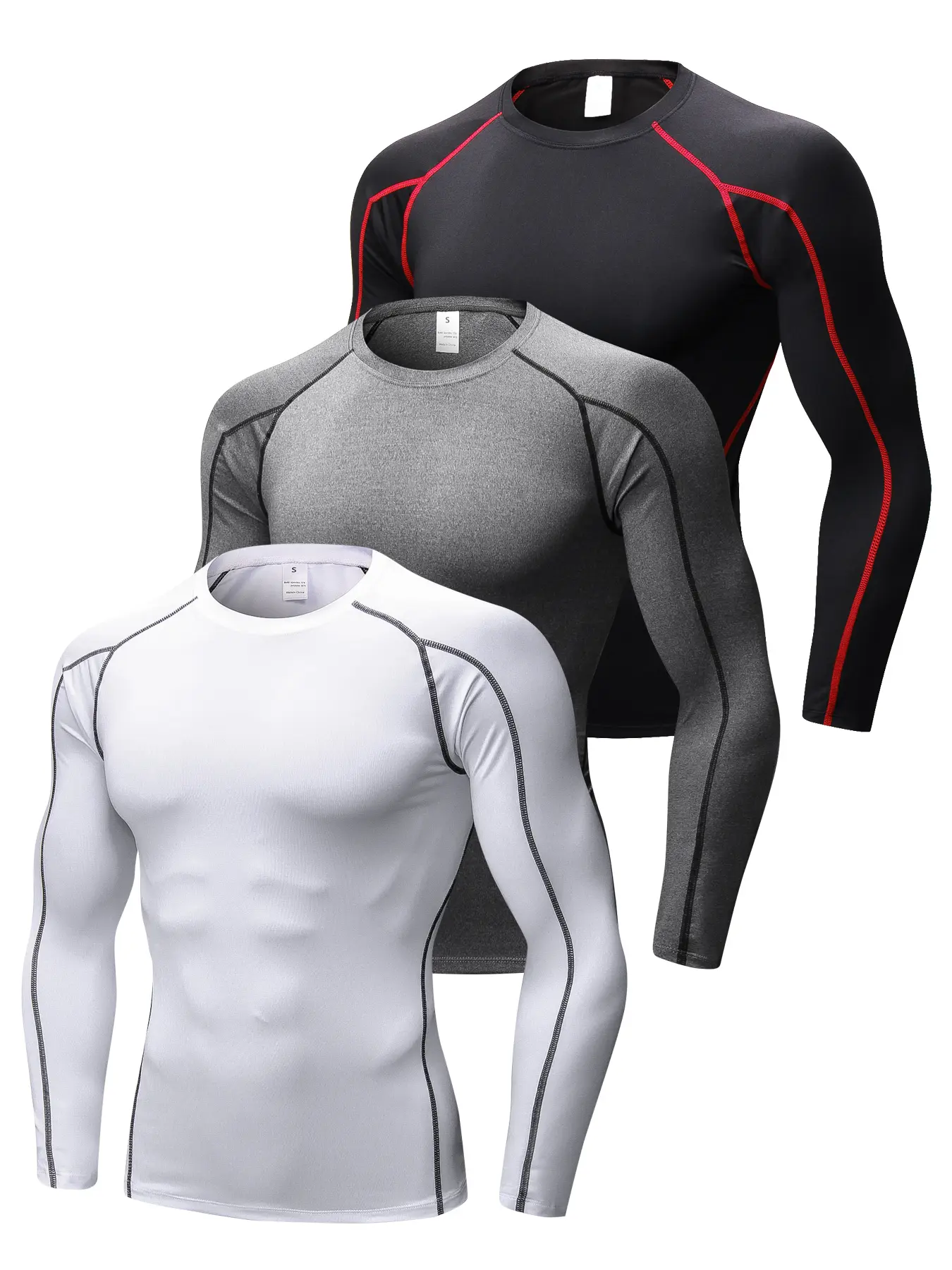 Men's 3-Pack Fitted Round Neck Long Sleeve Compression Shirts, Quick Dry Activewear Baselayer Clothing, Athletic Undershirts for Gym, Running, Base Layer Clothing, Tight Fitted Shirt, M, Fitness Apparel, Mens Clothing