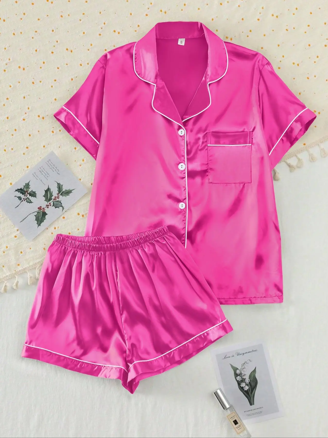 【Valentine's Day】Two-piece Set Women's Shirt & Shorts Satin Pajama, Ladies Summer Sleepwear Loungewear Aesthetic Button Loungewear Pjs Set