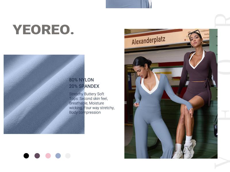 YEOREO Women Pilates Wrap Top Long Sleeve Tie Ballet Workout Yoga Shirt Michelie Y2K V Neck Cropped Tops Athletic Fashion Activewear