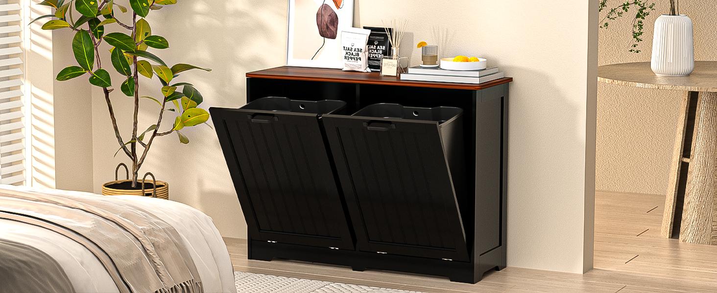 【Does Not Include Trash Can】AHB Hidden Storage Cabinet for 2 Trash & Recycle Bins | Space Saving Tilt Out Design | Pet Proof Wooden Cabinet for Kitchen, Laundry Room & Bathroom