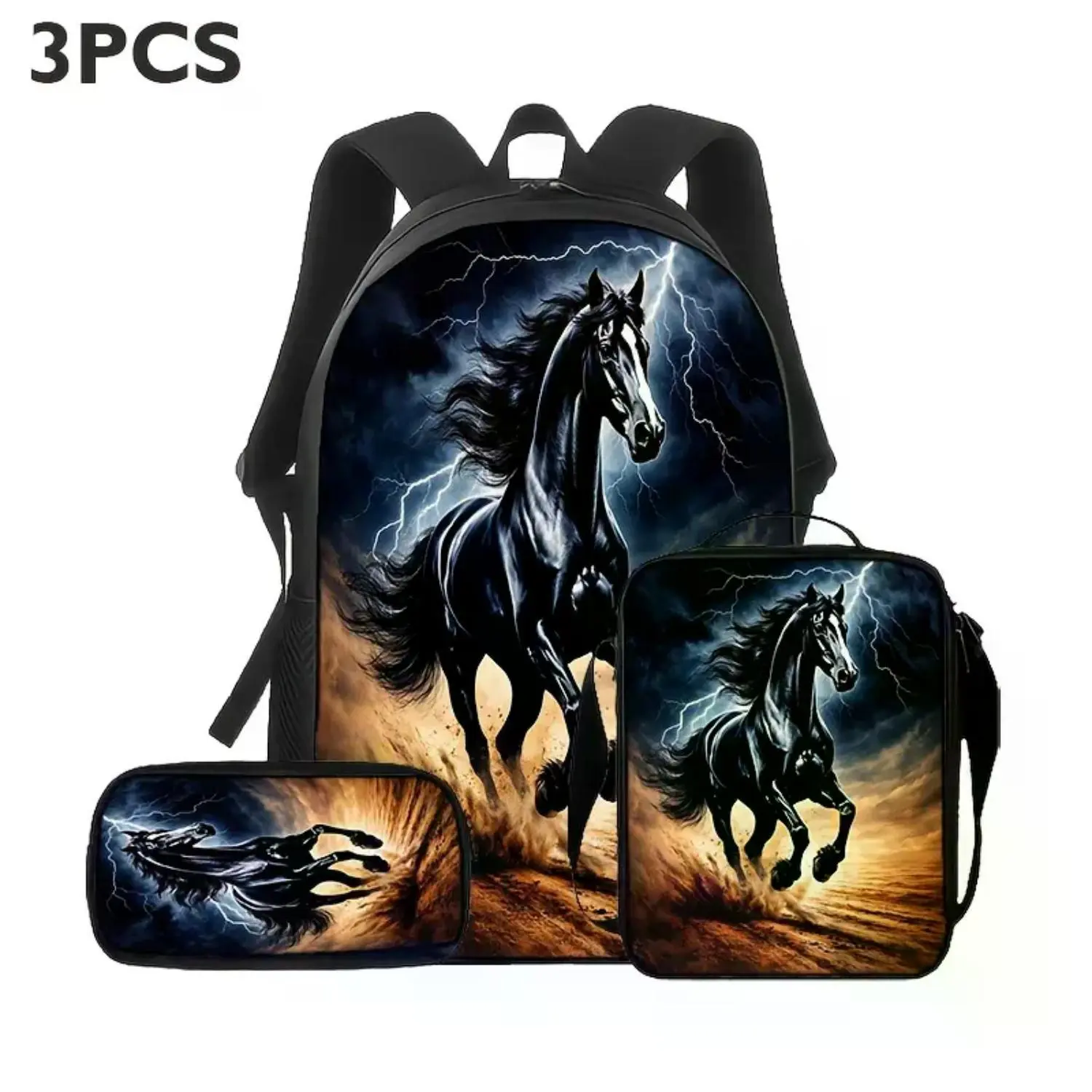 Black Horse Lightning 3-Piece Backpack Set: Galloping Stallion School Backpack with Coordinated Lunch Bag and Pencil Case - Perfect Equestrian Bag for Kids and Teens, Ideal Travel Gift or Riding Daypack