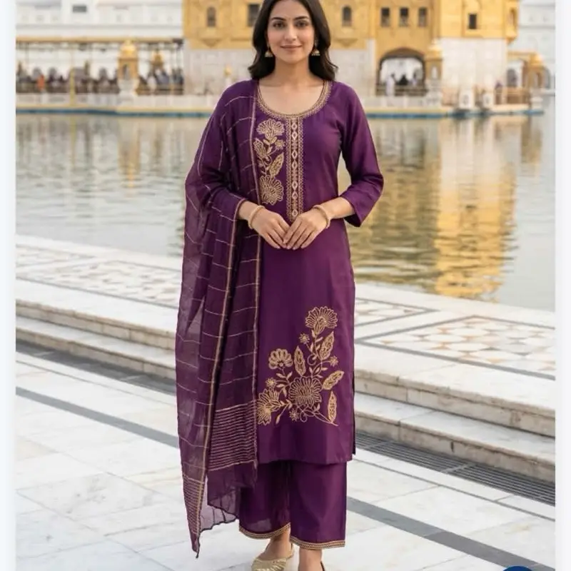 Women's Roman Silk Embroidered 3-Piece Kurta Set - Tops, Pant, Dupatta - Womenswear for Daily Casual Wear