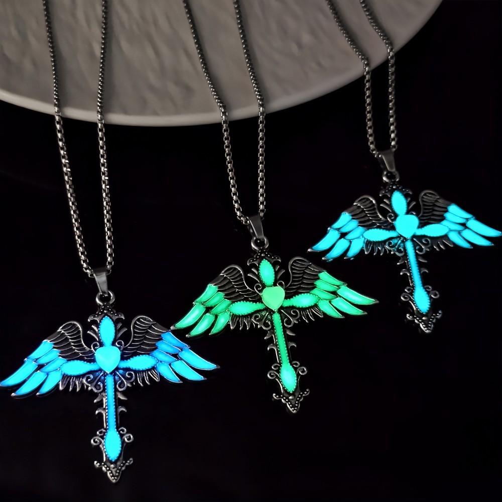 QIMENGLAI Winged Cross Luminous Pendant Necklace, Unique Versatile Eco-Plated Anti-Allergy Titanium Steel Chain, Glow-in-Dark Casual Wear Adjustable Gold Vacuum Birthstone Jewelry for Men Women