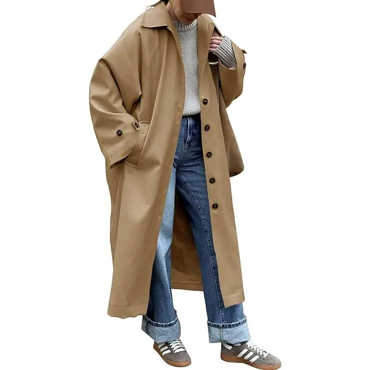 Tankaneo Womens Long Trench Coat Single Breasted Oversized Windproof Classic Lapel Fall Overcoat Jackets Outfit