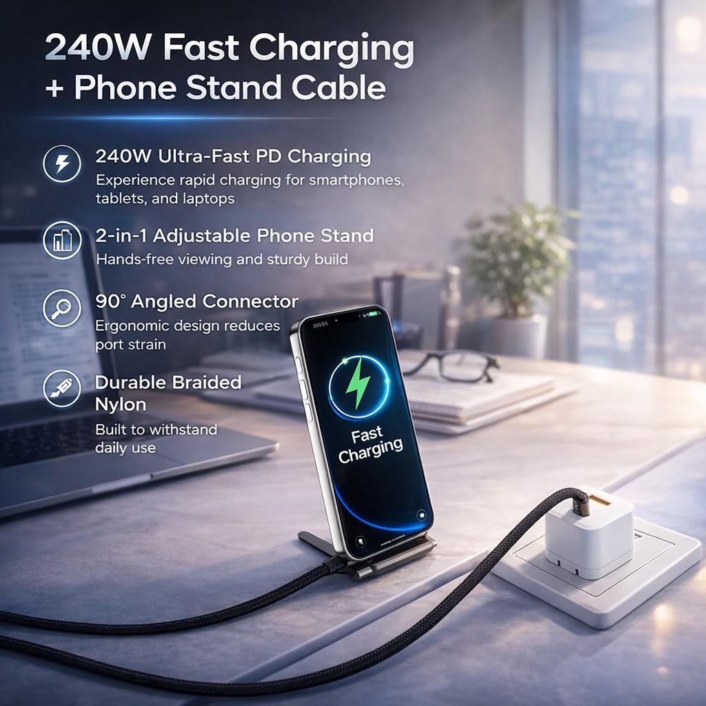 LWW 240W USB-C to USB-C Fast Charging Cable with Built-in Phone Stand, Right Angle Braided Type-C Cord for iPhone 15, iPad, MacBook, Gaming & Desk Use, PD 3.1 Durable Charger, 3-Pack