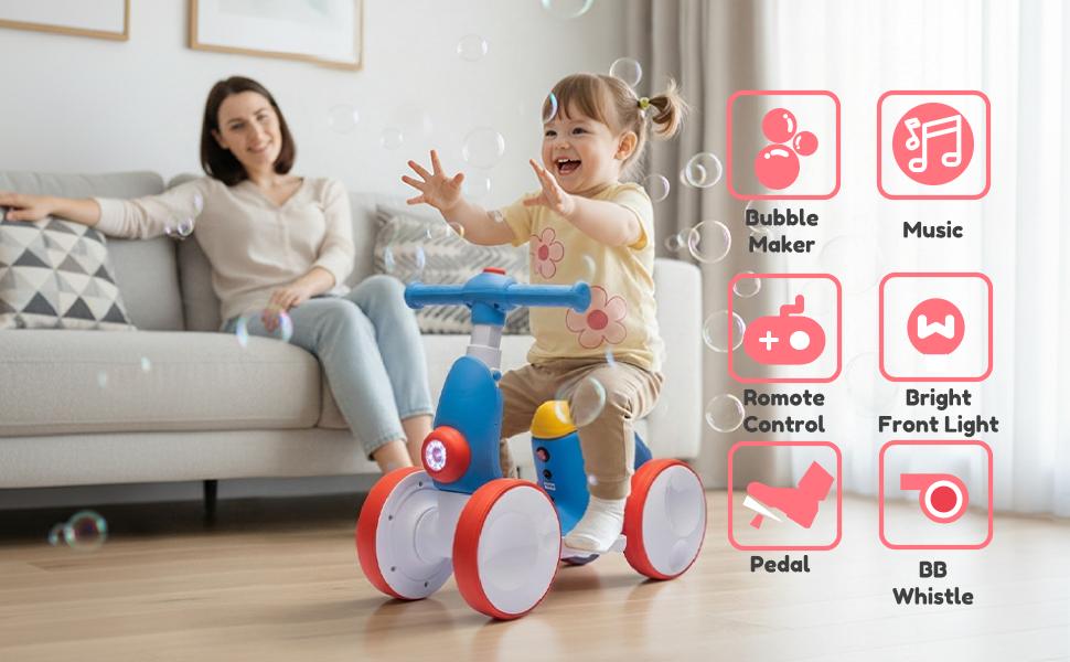IHUESHO 6V Electric Bubble Car / Bubble Bike Ride-On, 4-in-1 Balance Toy with Remote Control, Pedal Mode & Automatic Bubble Blower Ride On Car, Ideal Christmas Gift for Toddlers Age 1-3