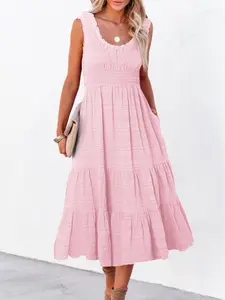 Women's Pink Shirred Pleated Square Neck Sleeveless Midi Dresses Summer Beach Vacation Layered Sun Gowns Casual Daily Party Outfits
