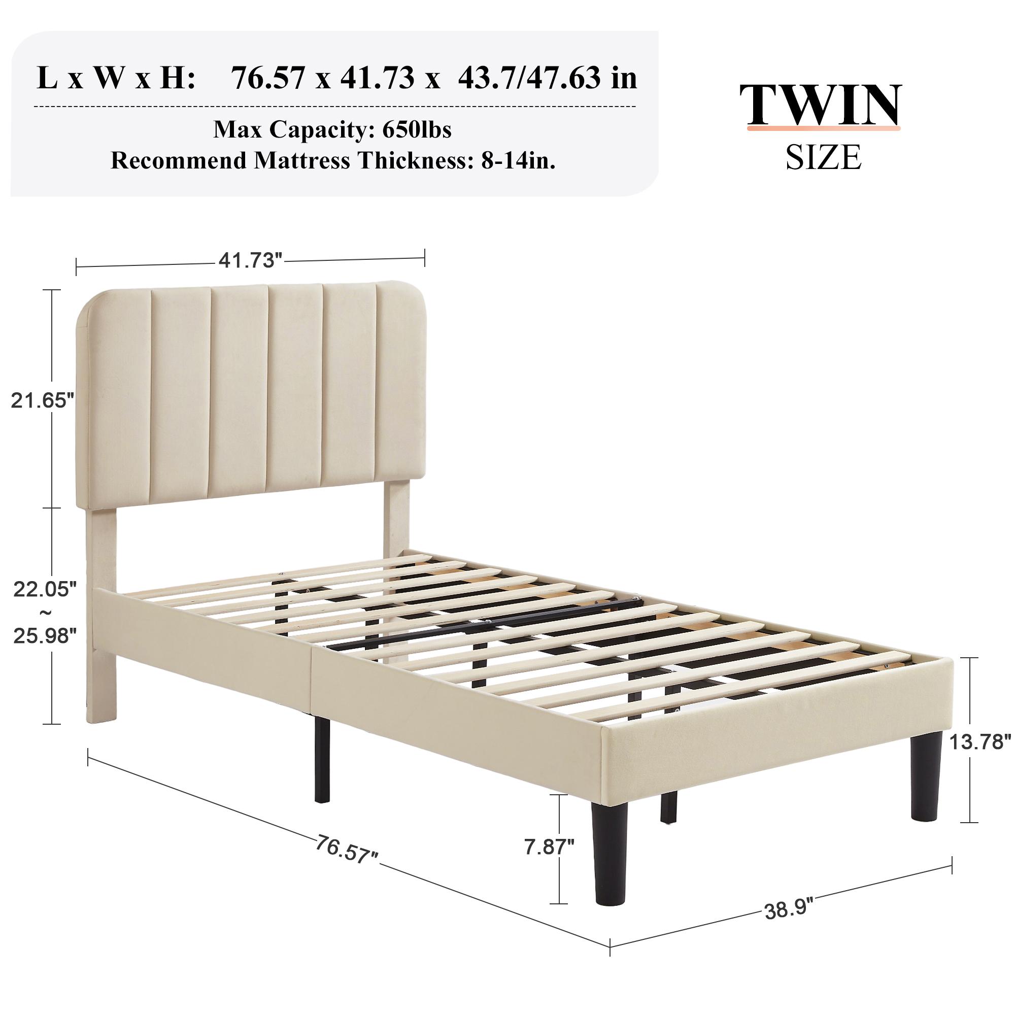 VECELO Upholstered Queen Twin Full Queen Size Bed Frame Platform with Velvet Adjustable Headboard Wooden Slats,Noise-Free,No Box Spring Needed, Easy Assembly