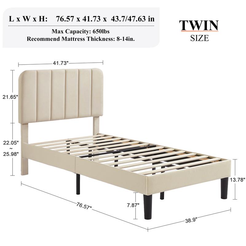 VECELO Upholstered Queen Twin Full Queen Size Bed Frame Platform with Velvet Adjustable Headboard Wooden Slats,Noise-Free,No Box Spring Needed, Easy Assembly