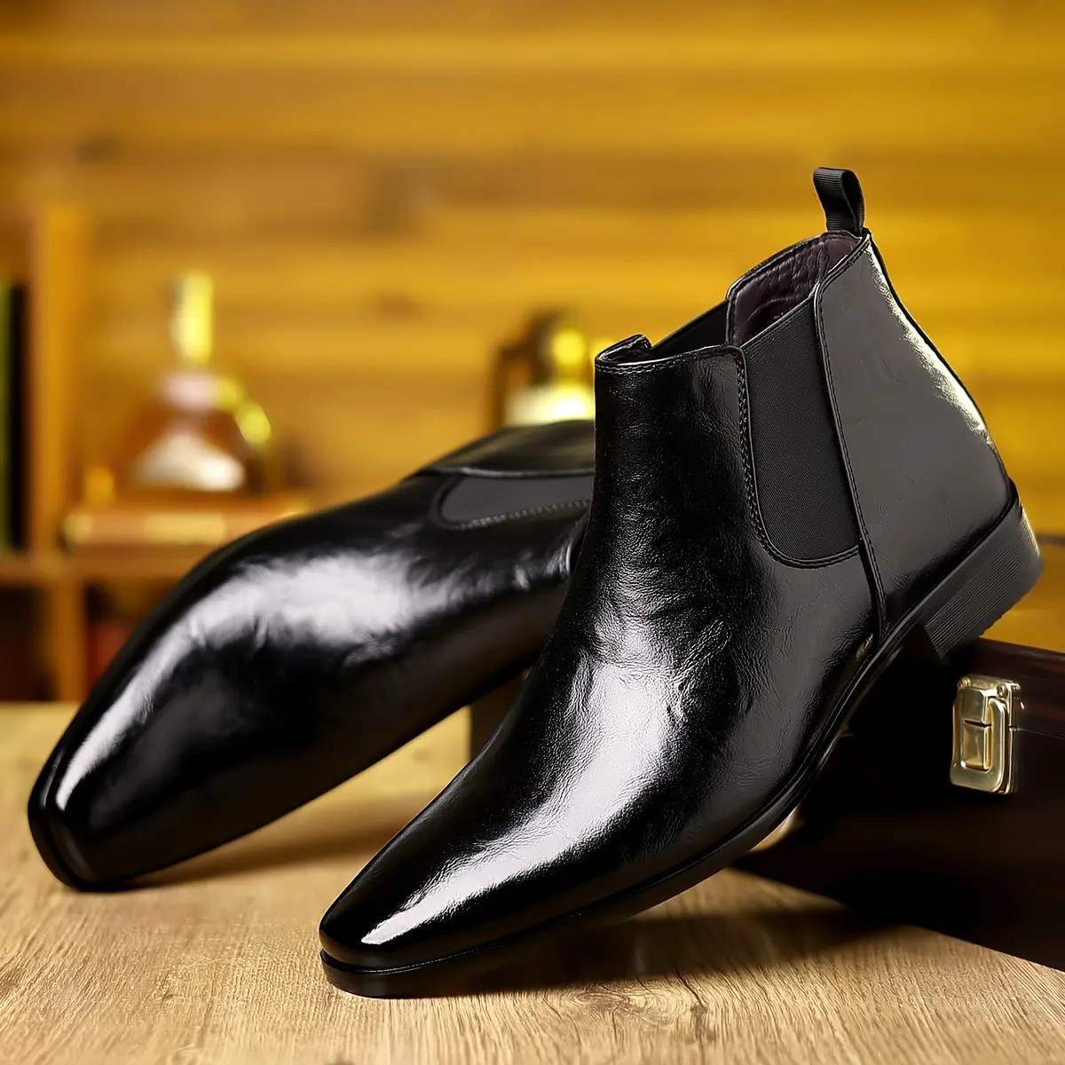 Men's Elegant Chelsea Boots, Classic Pointed Toe Slip On Footwear with Elastic Band, Cute Formal Men's Shoes for Office & Business, Preppy, Minimalist, Mid Calf