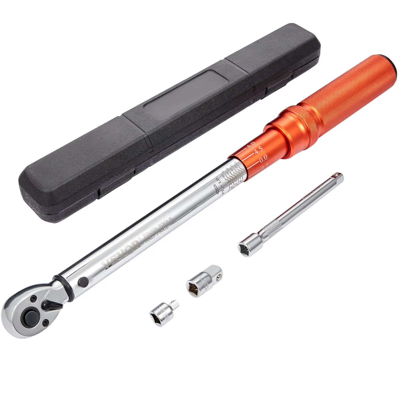 VEVOR Click Torque Wrench, 3/8-Inch Drive, 10-80ft.lb/14-110n.m Dual Ranges, Chrome Vanadium Tool, 3.9 lbs, Corrosion Resistant, Click Alert, Reversible Ratchet End, Dual-Direction Adjustability, Adapters Set, Extension Rod, Efficient Operation, 72-Tooth,