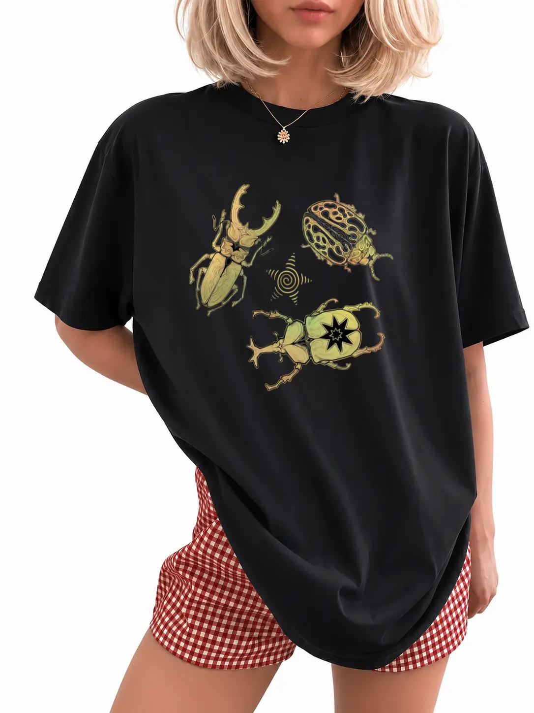 Women's Allomyrina Dichotoma Beetle Printed Casual Short-Sleeve Round Neck Vintage Cotton Top - Unisex Oversize Fit, Natural Fabric,  Summer Vibes