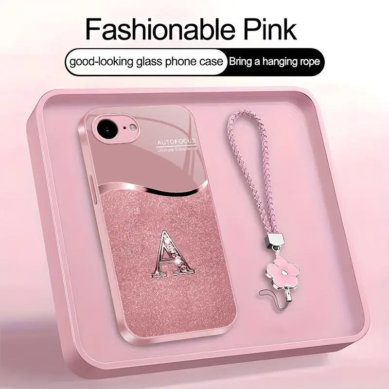 Luxury Pink Smartphone Cover for iPhone 16e, Handheld Devices Accessory with Lanyard & Initial Letter A-Z, Cellphone Protection Case -975