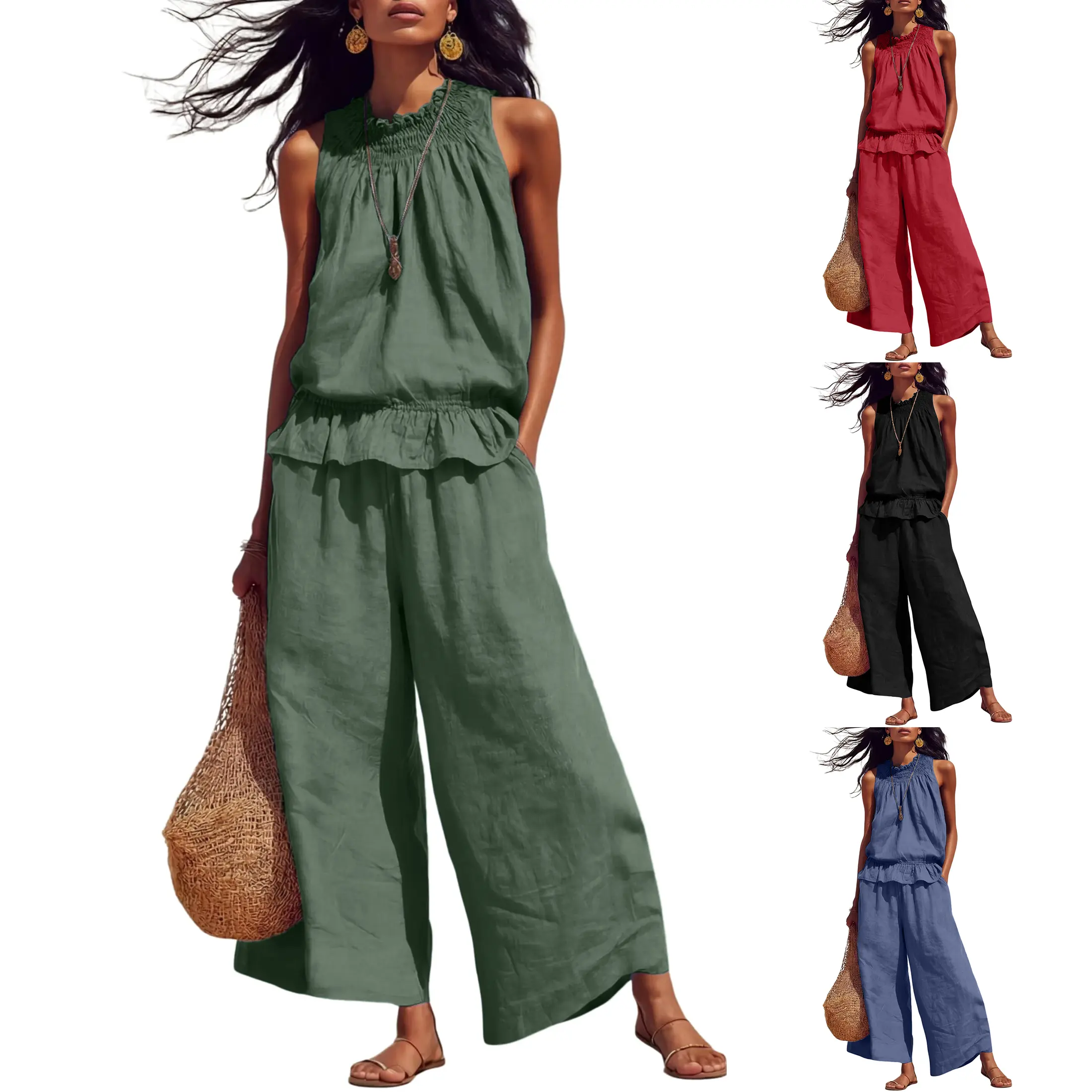 SCUSTY Women's Linen 2 Piece Outfits Sleeveless Ruffle Top Wide Leg Pants Summer Loungewear Beach Travel Sets Clothes Womenswear