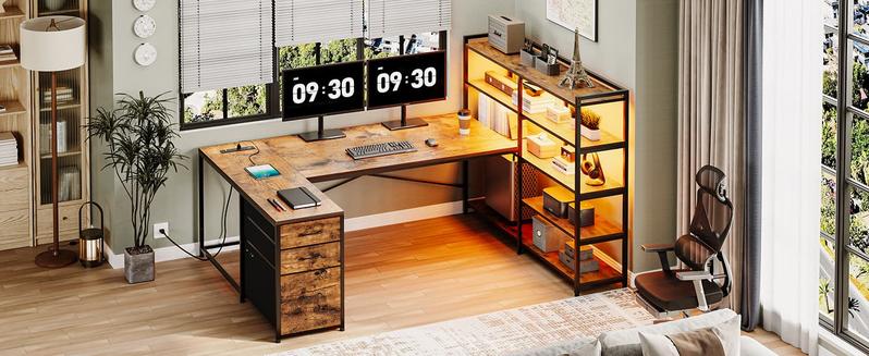 Sikaic 64.5 inches Reversible L Shaped Desk with Storage Shelves U Shaped Gaming Desk with 3 Drawers Power Outlet & LED Strip Sikaic 64.5 inches Reversible L Shaped Desk with Storage Shelves U Shaped Gaming Desk with 3 Drawers Power Outlet & LED Strip
