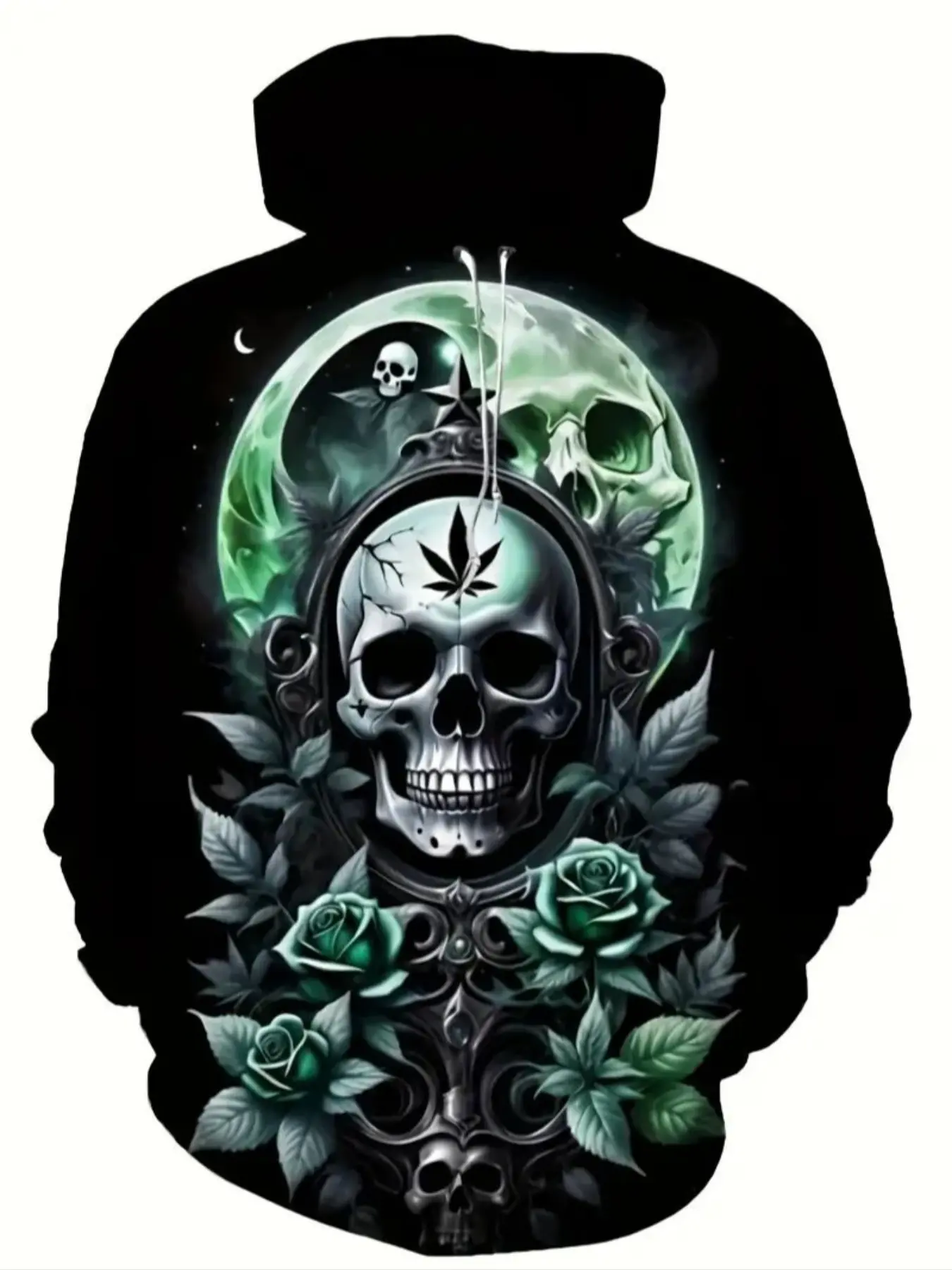 Men's Casual Graphic Print Hoodie with 3D Skull & Leaf Print, Fitted Design, Kangaroo Pocket, Streetwear Style, Perfect for Fall & Winter, Print Hooded Sweatshirt