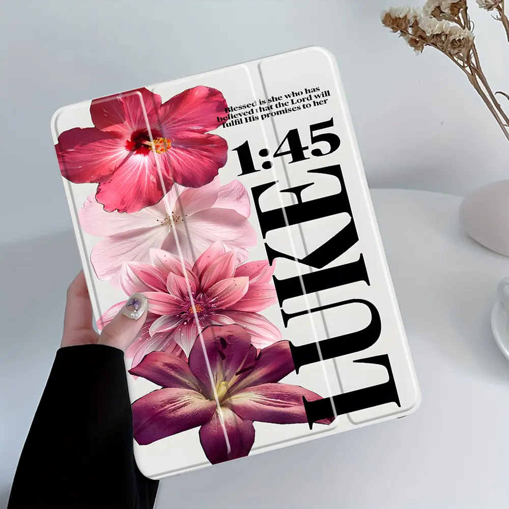 This foldable, non-slip TPU protective case features an adjustable stand and pencil holder, based on Luke 1:45 from the Christian Bible. It's suitable for Samsung, iPad mini, iPad Air, iPad Pro/iPad 10th and 11th generation iPads.
