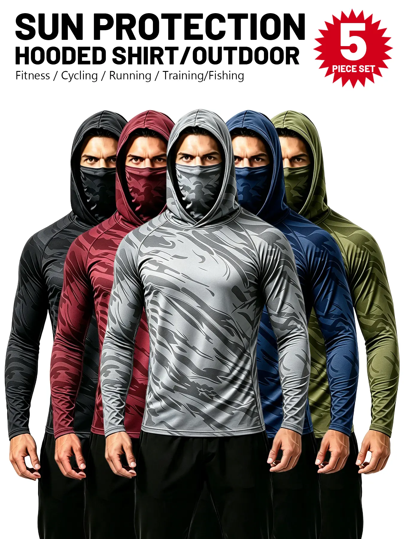 5 Pack Men Sun Protection Hooded Shirt with Built-in Mask, Quick Dry UPF 50+ Camo Long Sleeve Compression Shirts, Breathable Stretch Athletic Running Fishing Cycling Tops