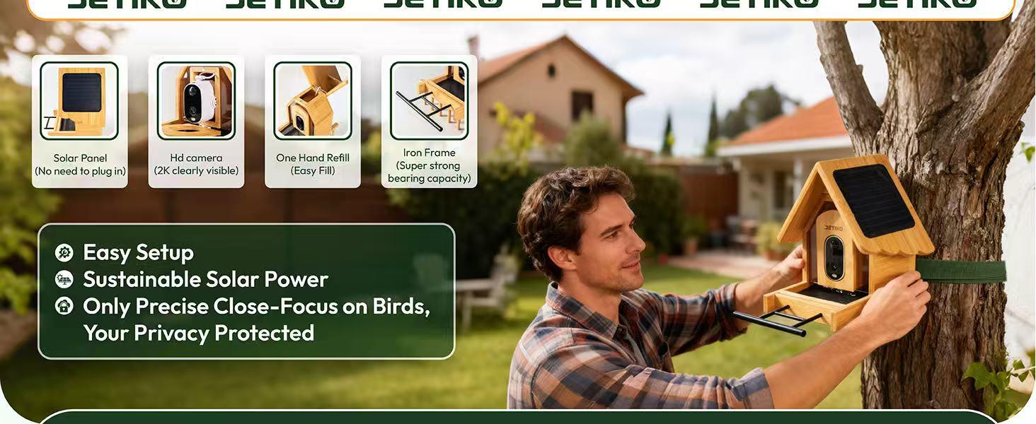 DETIKO Bamboo Bird Feeder with Camera, 2K HD, Auto AI Identify 2800+ Birds, Solar-Powered, Night Vision, Real-Time Alerts, Family/Friend Sharing, Gift for Nature Lovers
