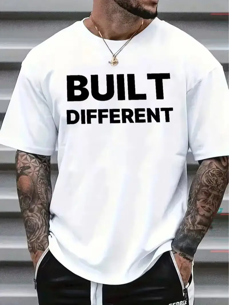 Men's Short Sleeve T-Shirt - Built Different Bold Letter Graphic, Minimalist Motivational, Streetwear Gym Funny Meme Casual Tee, Tops, Pure Cotton