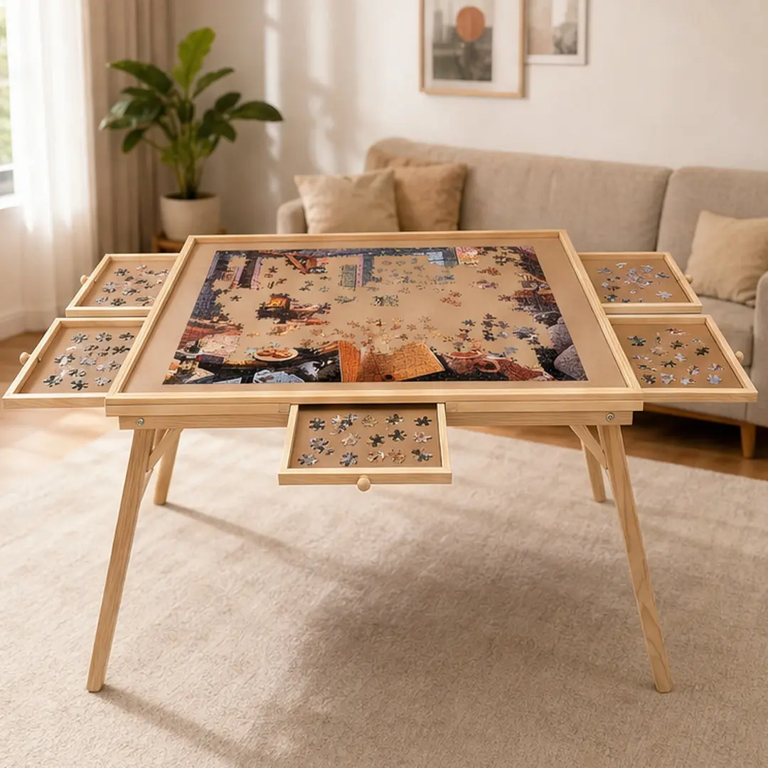 ARCH Ergonomic Sturdy Rectangular Puzzle Table with Legs - High-Quality Pine Construction, 27in Tall, 34x26in Large Folding Board, 5 Drawers, Natural Storage for Hobbyist Puzzle Enthusiasts, Game Room Indoor Gaming Furniture