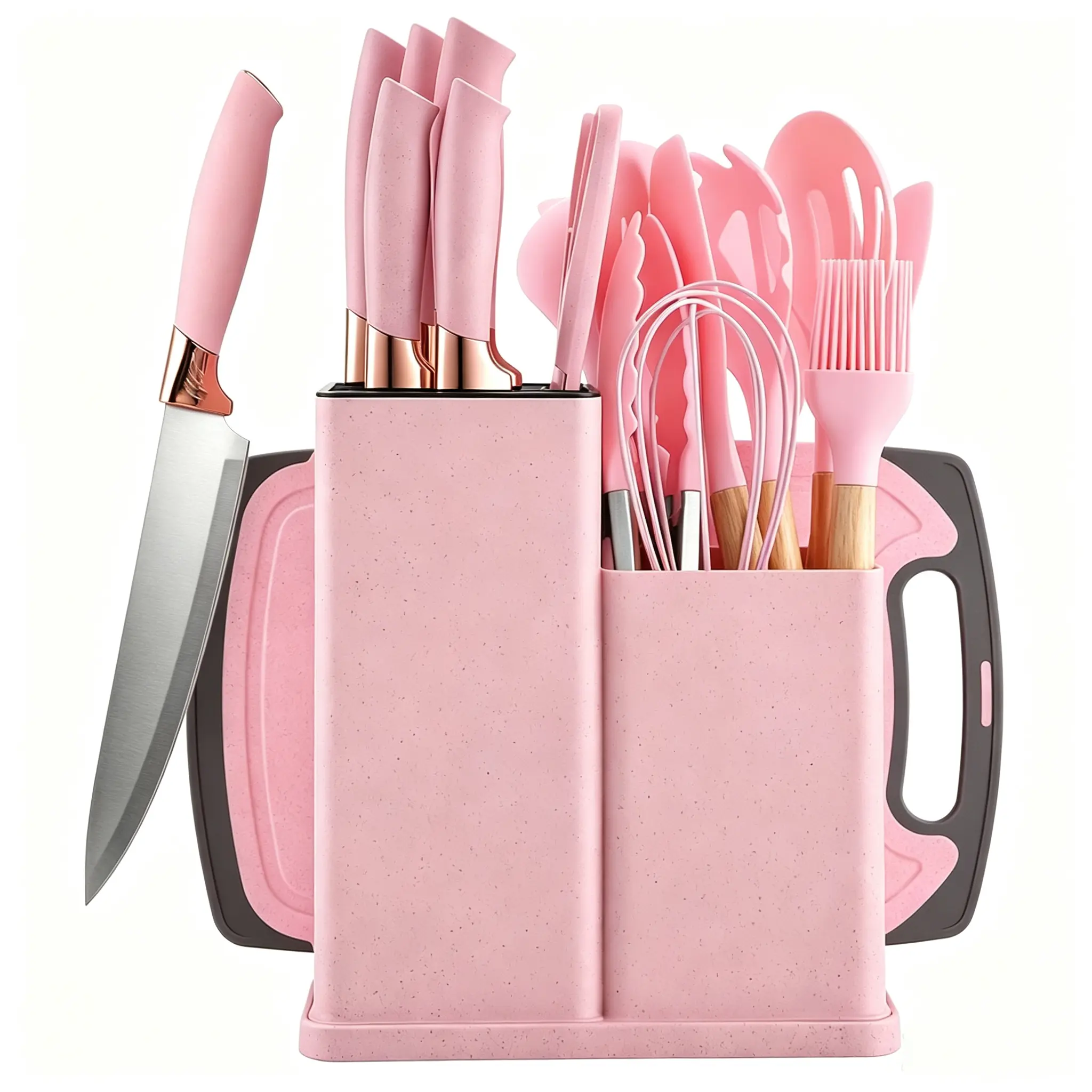 19Pcs Kitchen Knife Set with Wooden Handles – Complete Knife Block Set with Silicone Kitchen Tools, Fish Knife, Cutting Board & Holder – Pink Sturdy Kitchen Knife Set for Apartment & New Home, BPA-Free