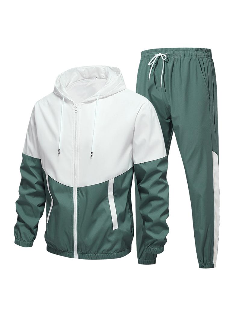 A sports and street photography two-use color-blocked hoodie jacket set, side white stripe slimming pants, trendy, versatile, comfortable, and breathable.