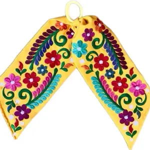 Mexican Hair Accessories Embroidered Ponytail Bow Floral Design Approximately 11" - 12" Long Made in Mexico Unique Color Pattern Changes