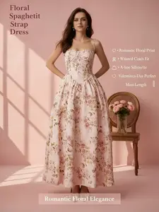 Women’s sleeveless printed dress — sexy strappy long tube dress with a cinched waist and pink peony print, party dress