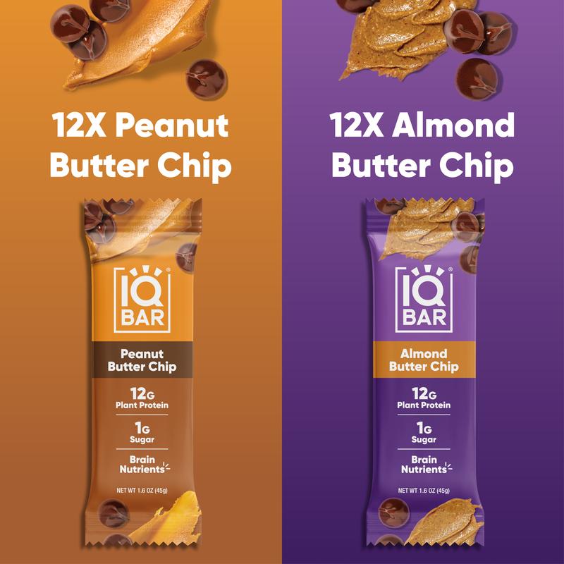 IQBAR Almond Butter Chip & Peanut Butter Chip - 24 Bars - 12g Plant Protein Crunchy Snack with Brain Nutrients